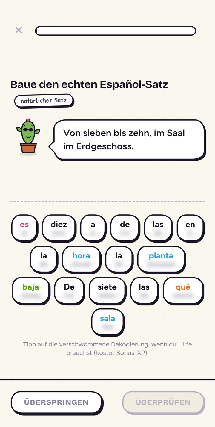 DopaSpeak App: Baue den echten Satz, unter jeder spanischen Wortkachel steht ihre deutsche Bedeutung, verschwommen bis man sie antippt